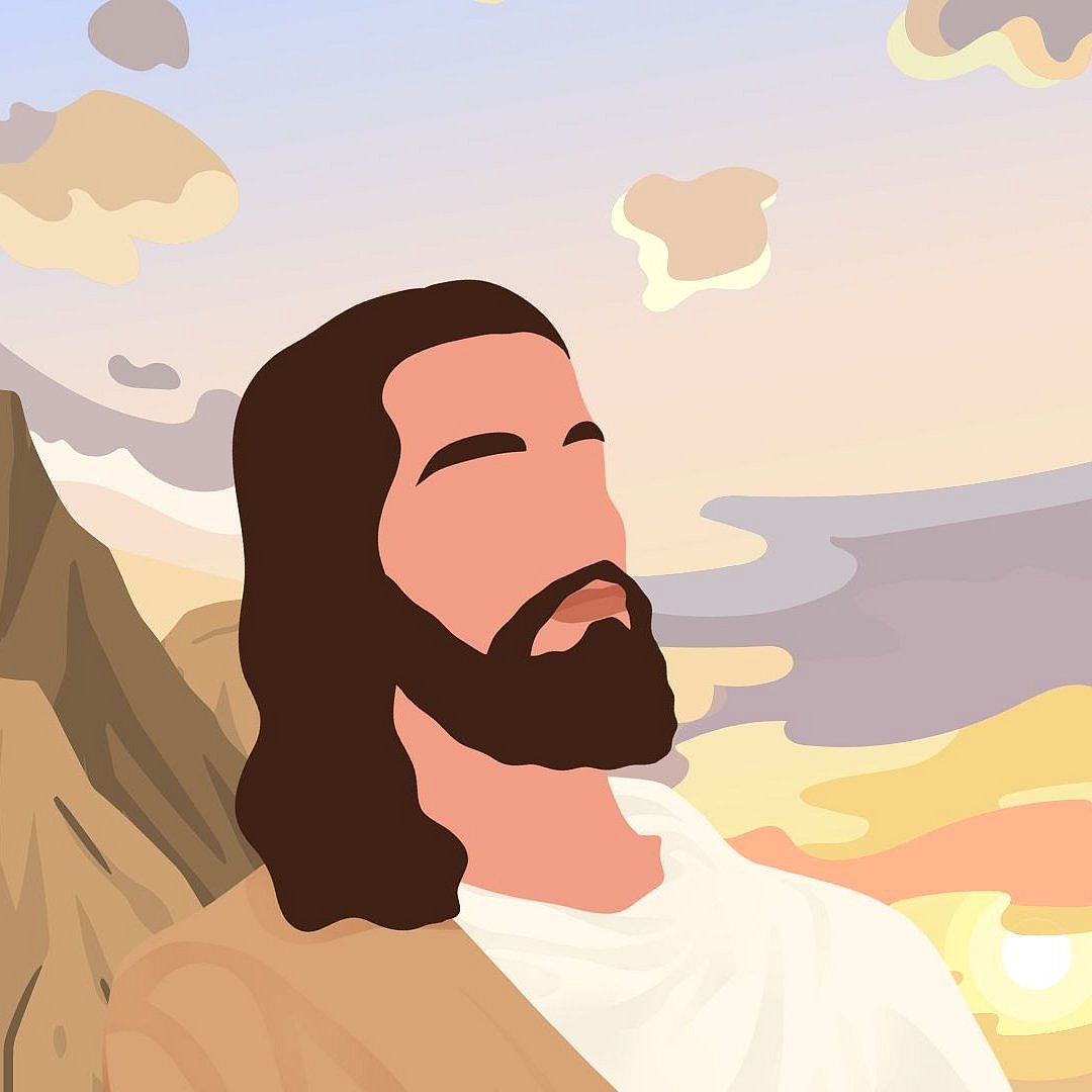 Bild von Jesus, wie er in einen Sonnenaufgang schaut