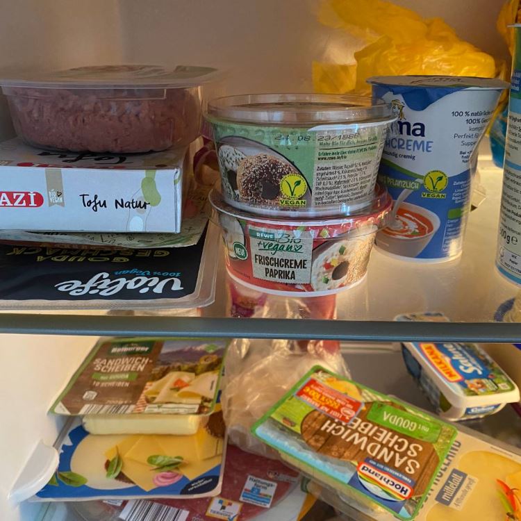 voller Kühlschrank mit veganen Ersatzprodukten