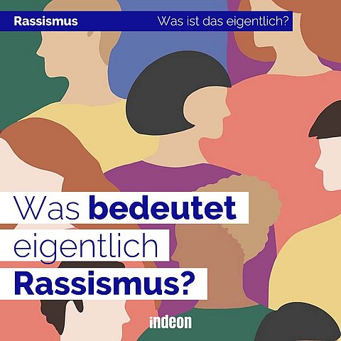 Illustration einer Gruppe verschiedener Menschen mit Aufschrift: Was bedeutet eigentlich Rassismus?