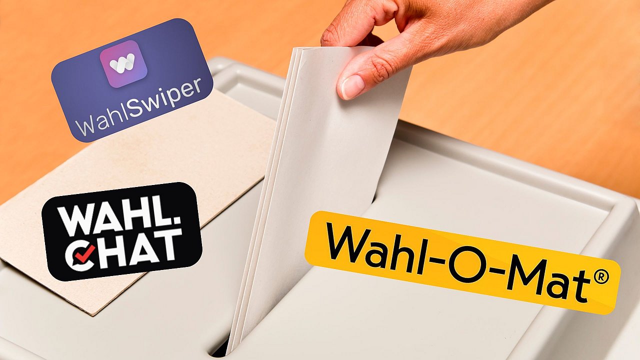 Diese Tools helfen bei deiner Wahlentscheidung. Darauf Bilder des Wahl-O-Mats, Wahl.chat und des Wahlswipers