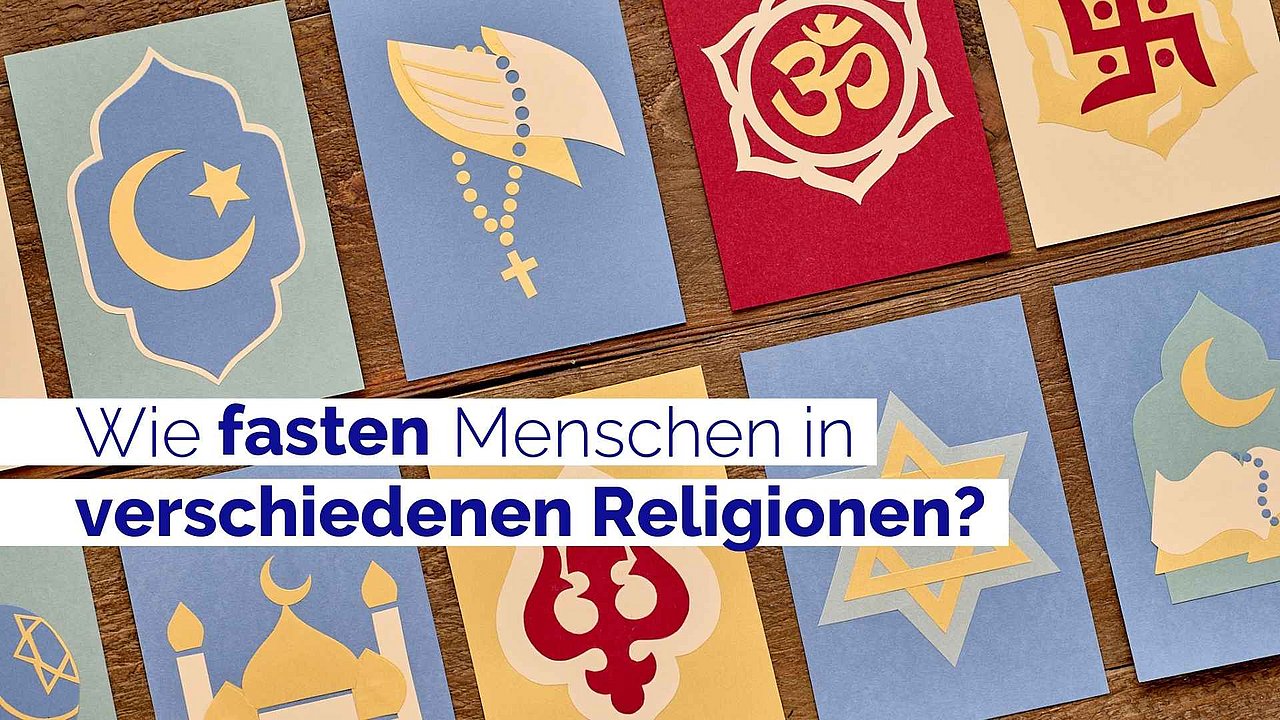 Symbole von verschiedenen Weltreligionen. Darauf der Text: Wie fasten Menschen in verschiedenen Religionen.