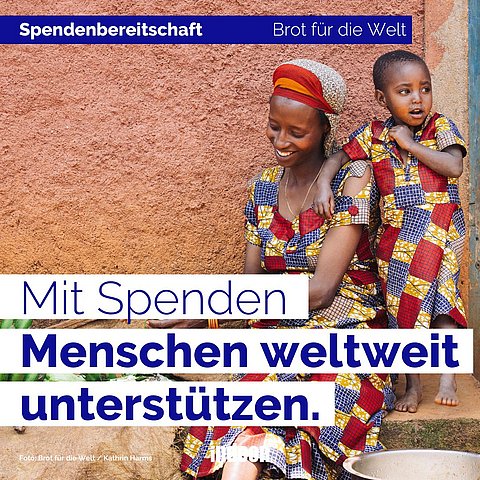 Kleinbäuerin Claudine Hashazinyange (26) schält Kochbananen vor ihrem Haus. Dazu der Text "Mit Spenden Menschen weltweit unterstützen"