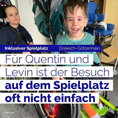 Quentin und Levin sitzen im Rollstuhl und können nur wenige bis gar keine Geräte auf dem Spielplatz selbstständig bedienen.