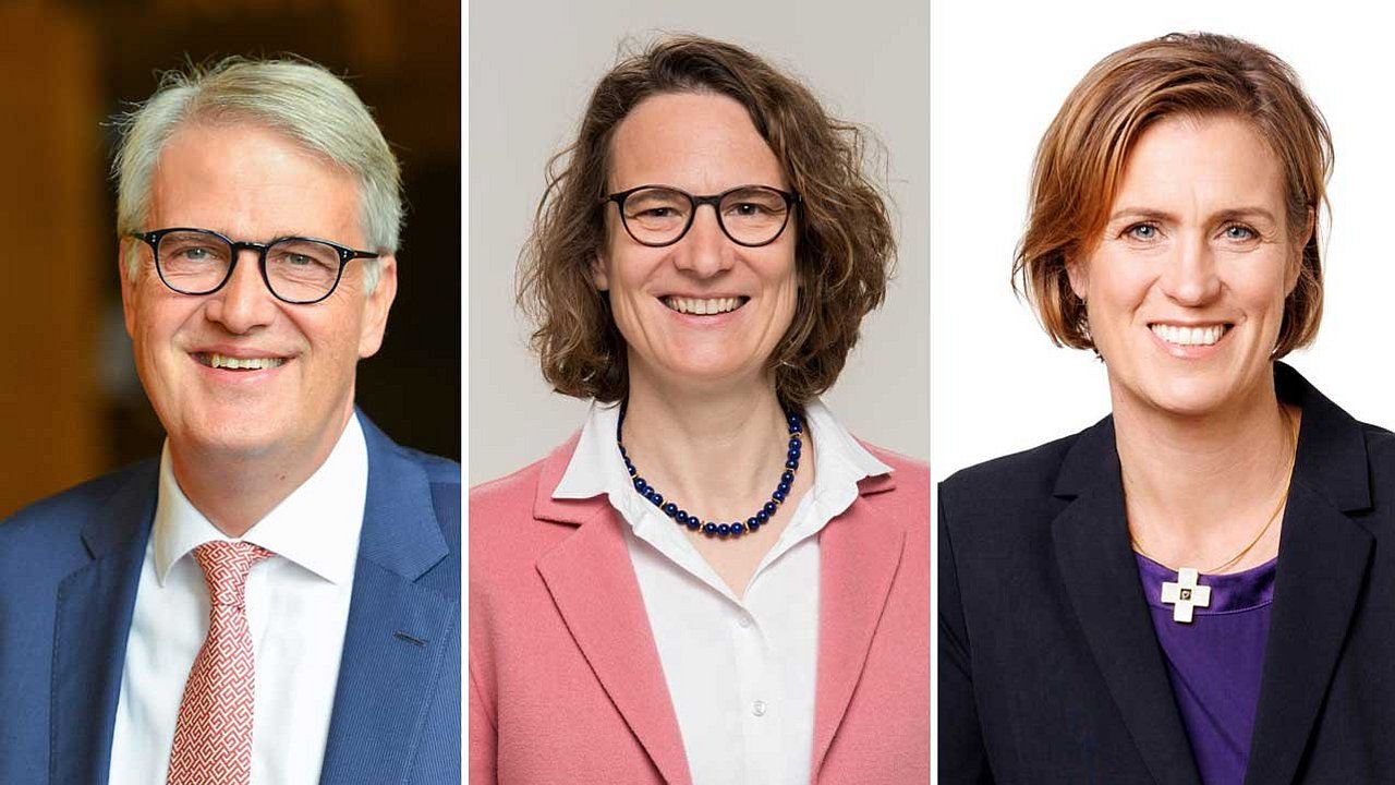 Drei Kandidierende für das Amt des Kirchenpräsidenten: Martin Mencke, Christiane Tietz und Henriette Crüwell