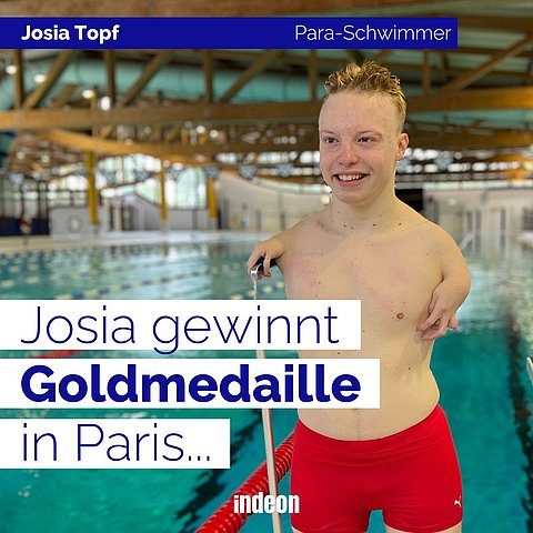 Josia in roter Badehose in einer Schwimmhalle. Er hat Gold bei den Paralympics in Paris gewonnen.