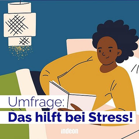 Auf dem Bild liegt eine Frau mit Buch auf dem Bett und liest. Darauf der Text: Umfrage: Das hilft bei Stress! 