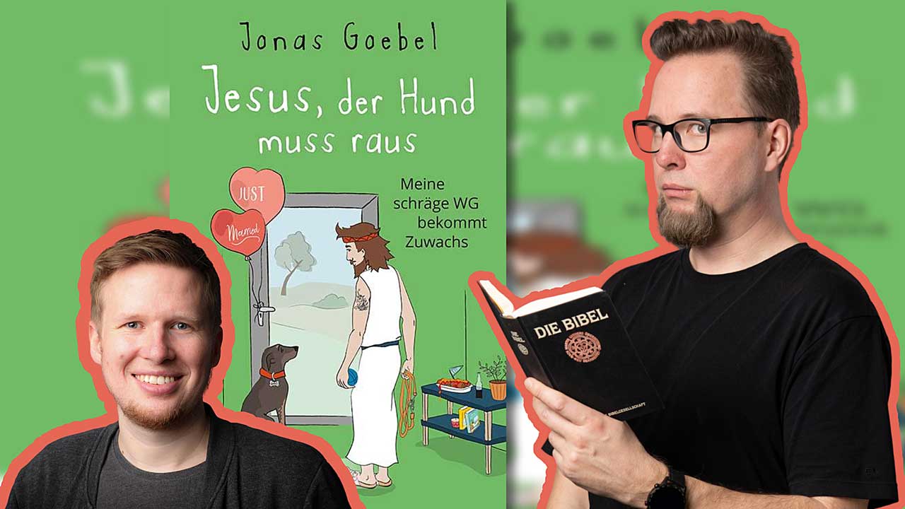 Das Foto ist eine Bildcollage. Im Hintergrund siehst du das Buchcover. Davor ein Portrait vom Autor Jonas und Seba, der eine Bibel in der Hand hält und in die Kamera guckt.