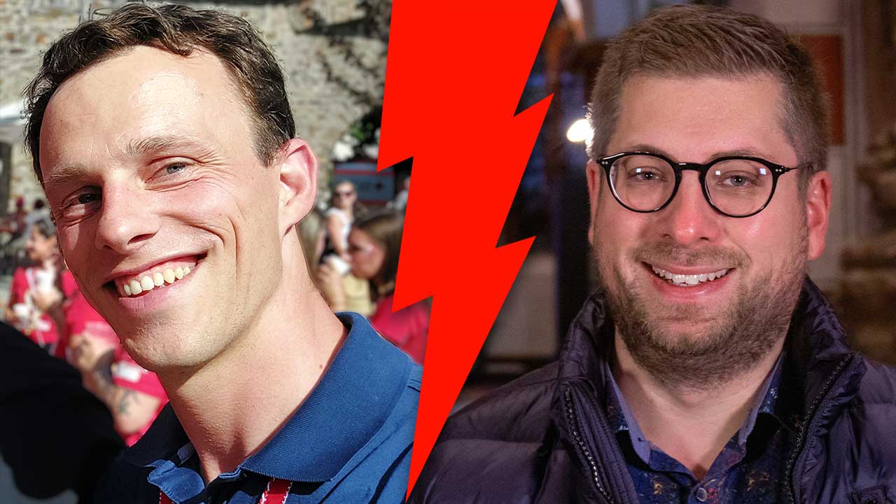 Pfarrer Benjamin Graf und Pfarrer Jörg Niesner - getrennt durch einen roten Blitz