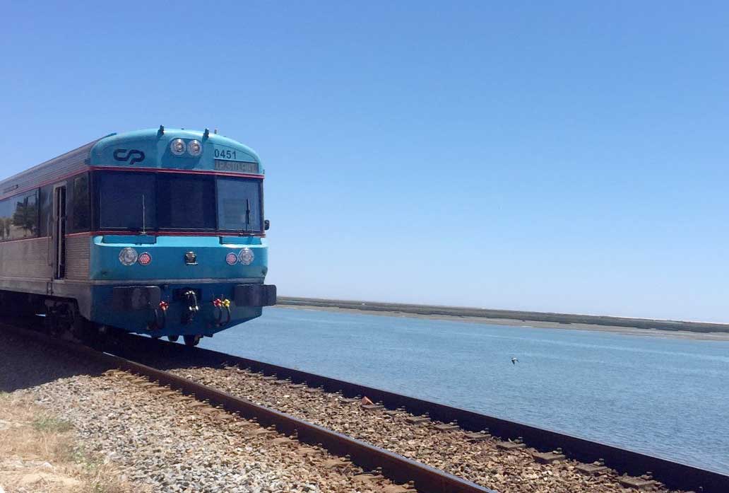 Blauer Zug fährt auf Schienen, die parallel zum Meer zu verlaufen scheinen.