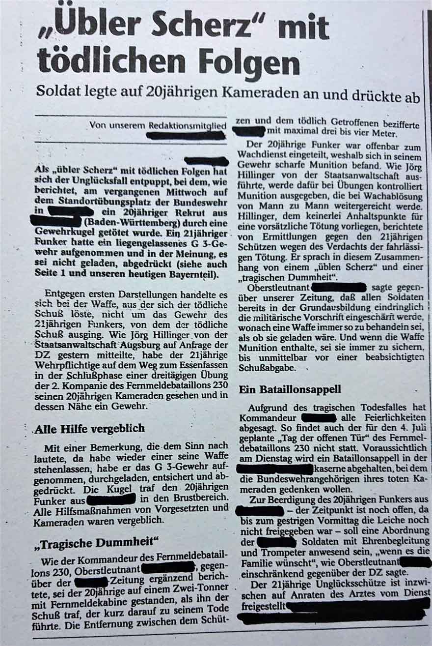 Zeitungsausschnitt aus der Dülmener Zeitung über den Militärunfall 1992 